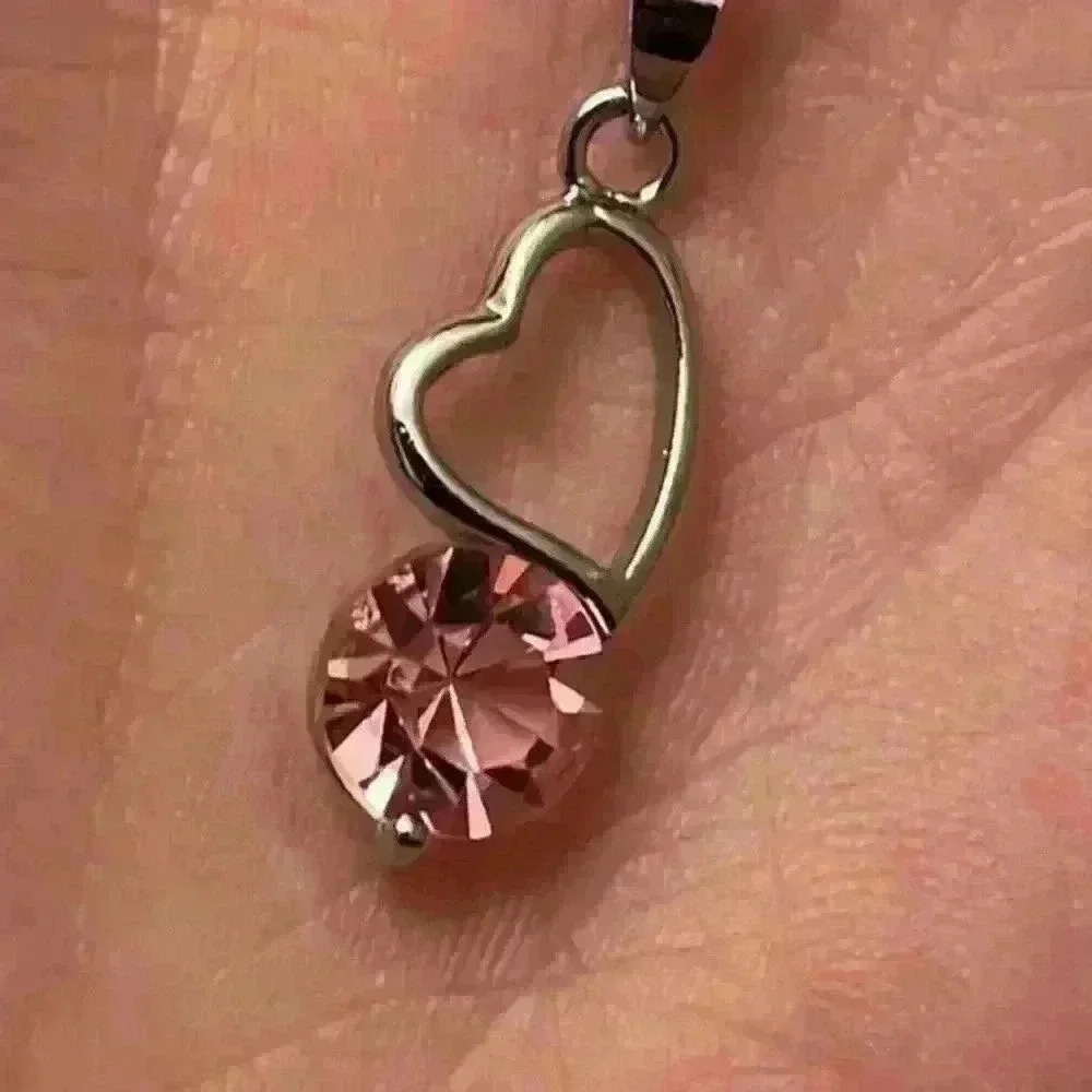 Pink Topaz Crystal Heart Style Pendant / Necklace J13